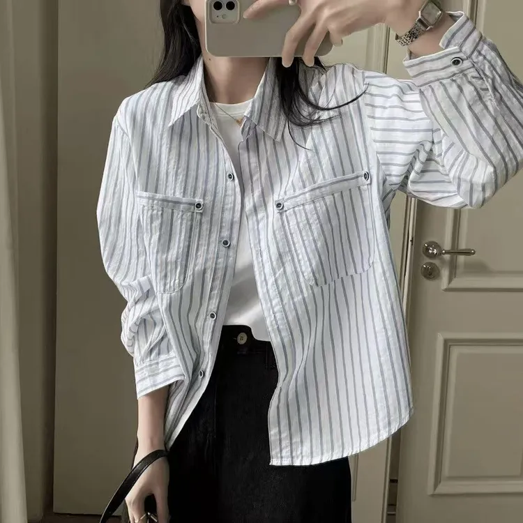 双口袋条纹衬衫女长袖2025早秋新款翻领宽松上衣港风休闲衬衣女潮
