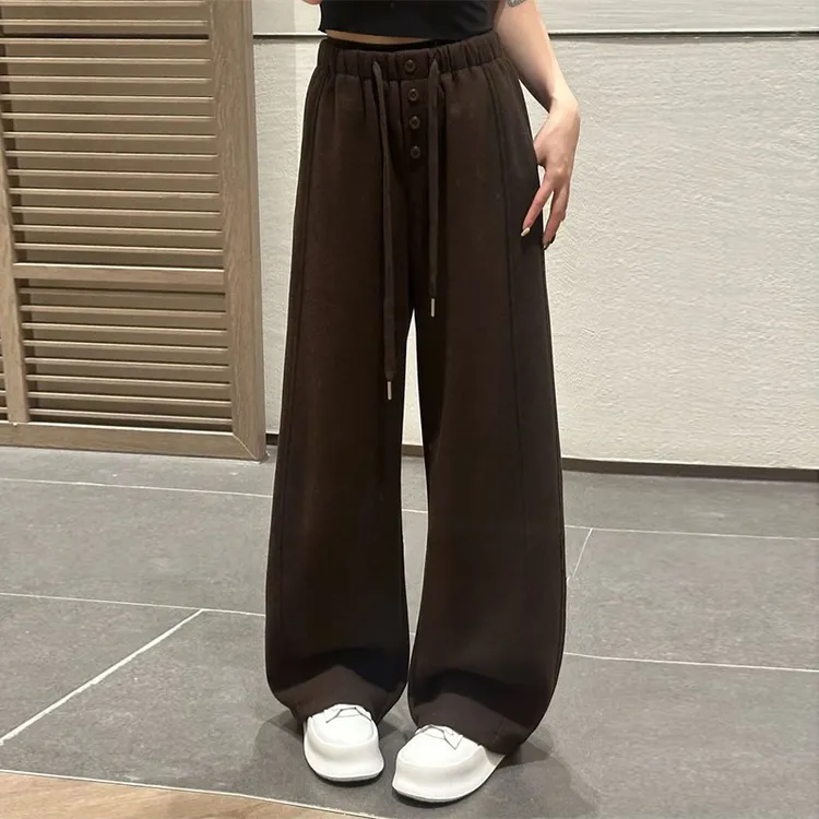 设计感四粒扣毛呢阔腿女2025春秋新款宽松垂感休闲直筒抽绳长裤子