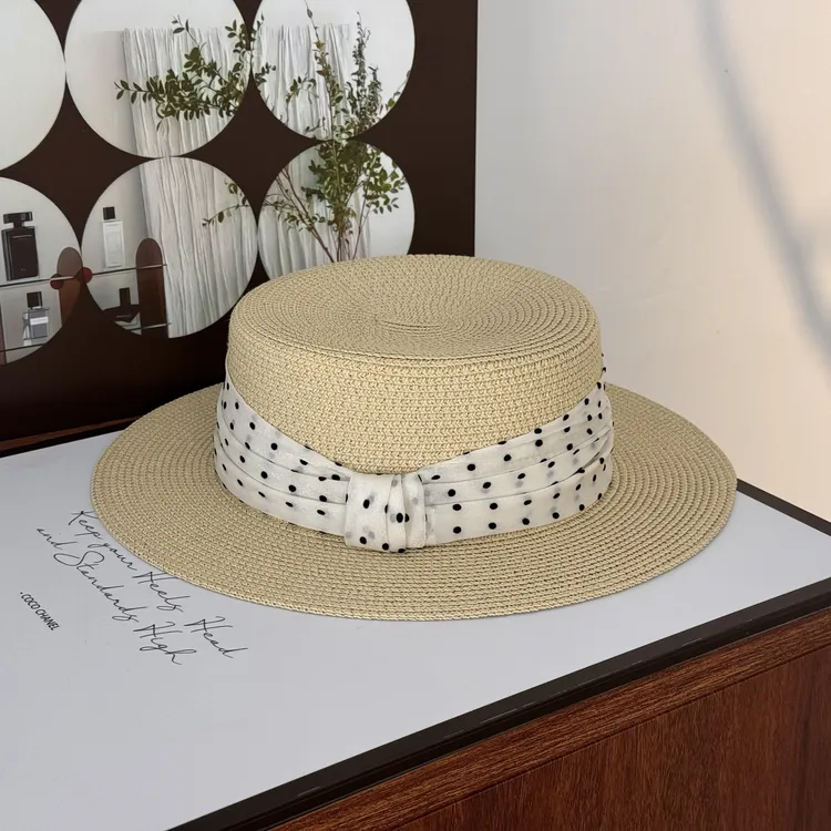 新款百搭波点OL平顶帽子夏季时尚海边度假旅游遮阳帽草帽甜美感