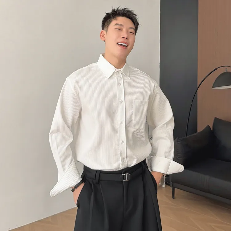 朱渣渣韩版轻奢风条纹褶皱衬衫男士春秋ins潮牌痞帅长袖正装衬衣