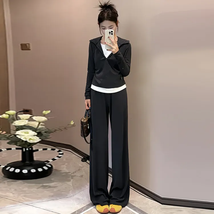 休闲简约运动服套装女2025秋冬新款气质显瘦连帽上衣阔腿裤两件套