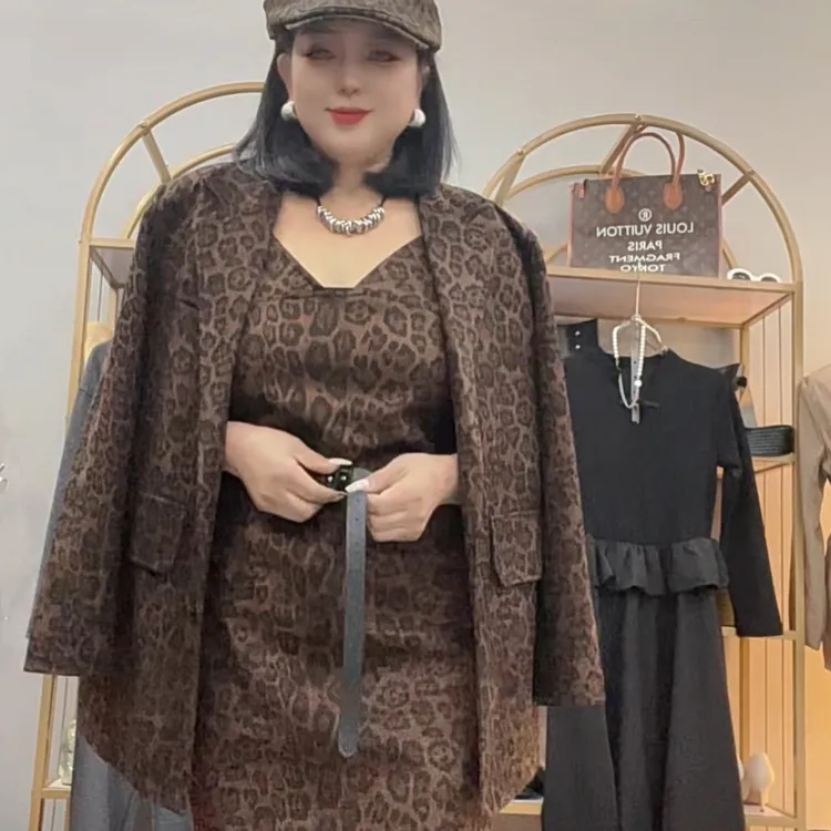 【月姐家】纯欲风性感豹纹吊带连衣裙女神范修身开叉长裙子