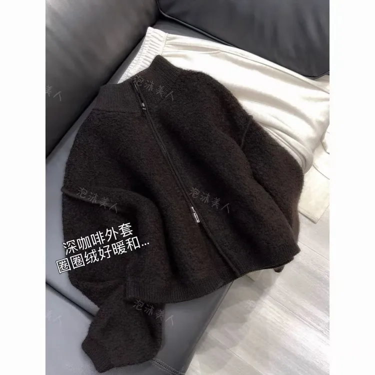 深咖啡外套」670克圈圈绒颗粒感外套慵懒风加厚高领双拉链毛衣冬季