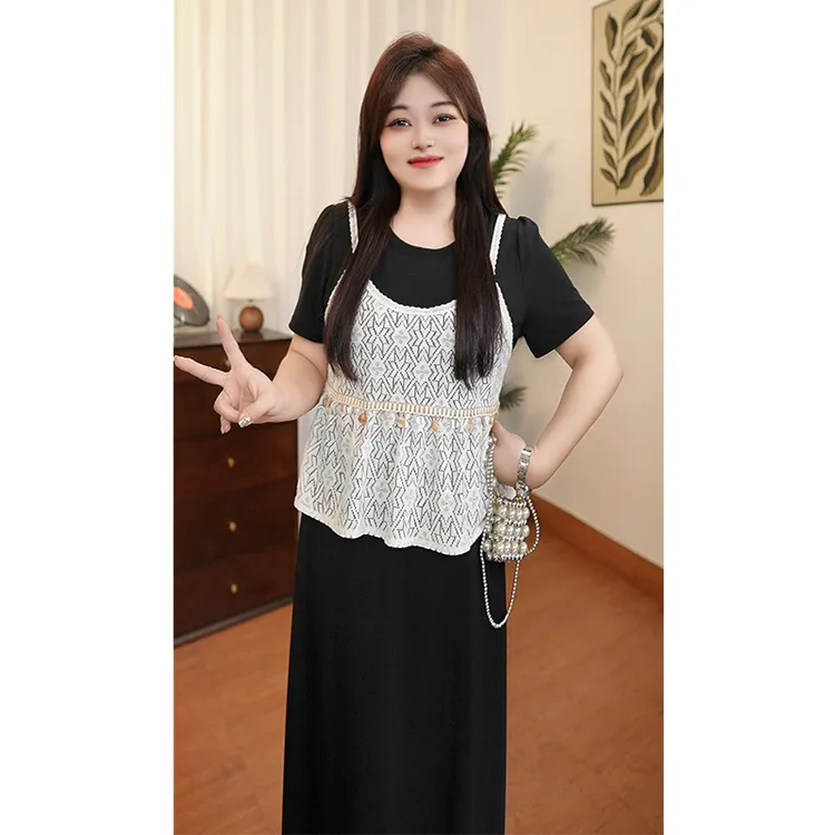 《M.M》夏季蕾丝拼接两件套休闲直筒宽松大码女装胖MM连衣裙25505