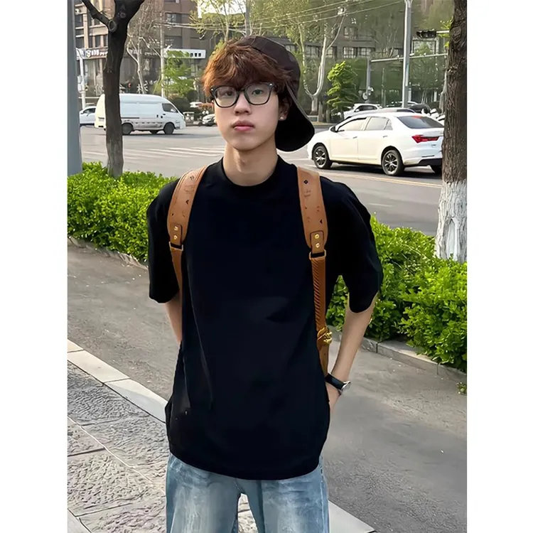 美式正肩小领口短袖t恤男款夏季薄款纯棉透气潮牌内搭打底五分袖