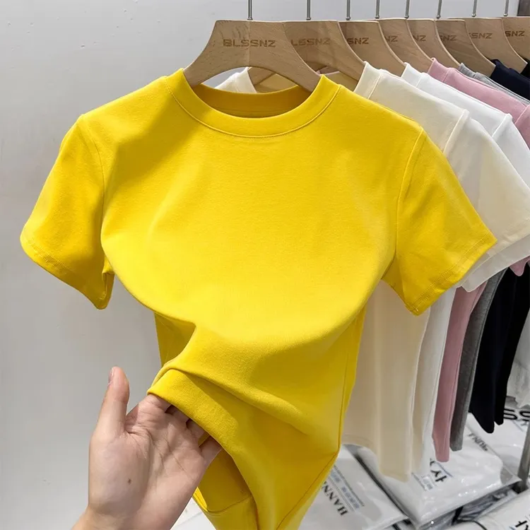 黄色正肩短袖t恤女夏季2025新款洋气修身显瘦纯色上衣女半袖体恤
