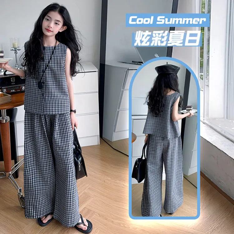 女童夏季套装2025新款韩版夏装洋气无袖背心格子阔腿裤两件套潮流