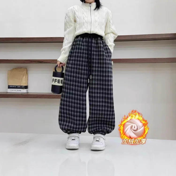 儿童2025年冬装男女童拼腰格子保暖休闲韩版童裤