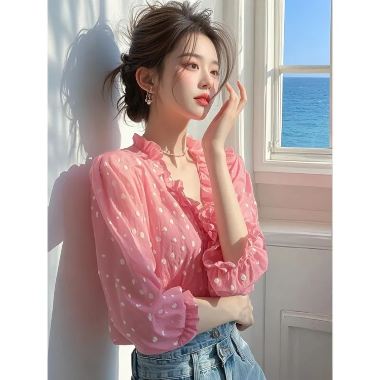 2025春洋里洋气木耳边衬衫设计感百搭超好看粉色波点雪纺上衣女装