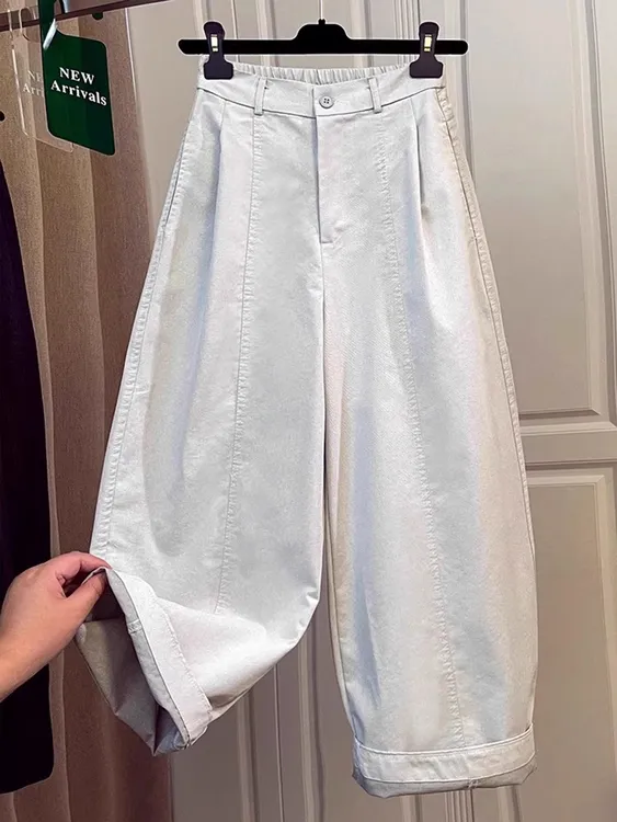 大码女装老钱风夏季薄款九分弯刀牛仔裤女胖MM松紧腰直筒气球裤子