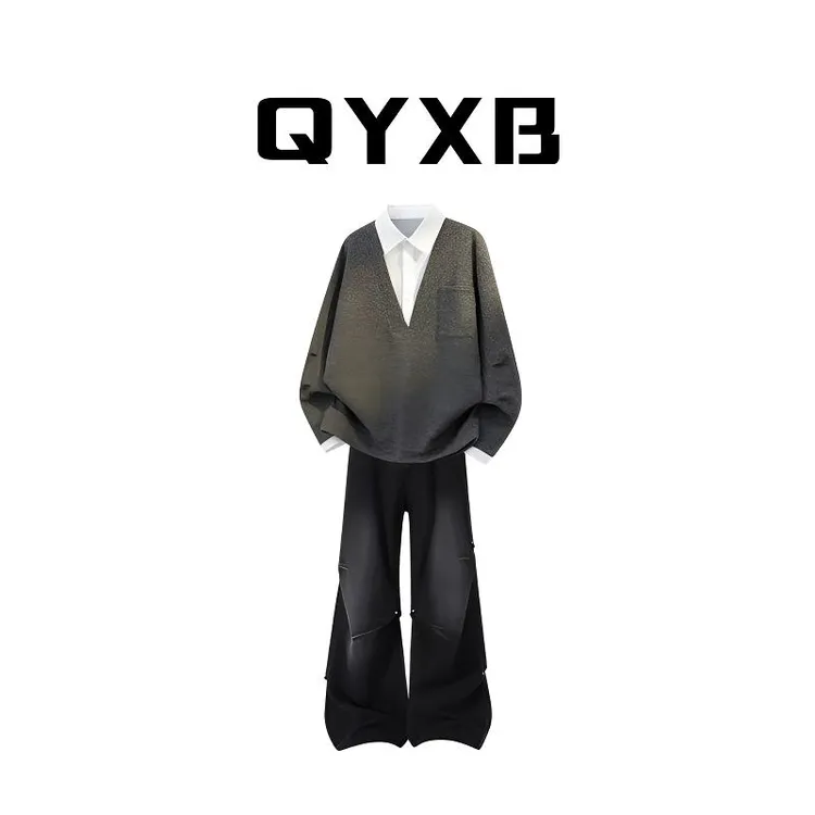 【品牌正品现货】QYXB假两件衬衫领卫衣套装男款秋冬宽松褶皱牛仔裤