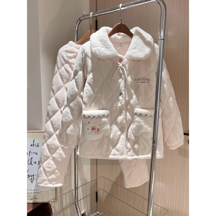 可爱风三层夹棉睡衣女秋冬新款毛绒绒立领加厚外套保暖家居服套装