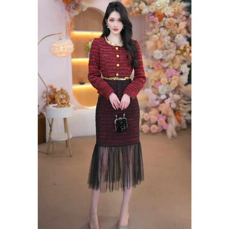 2505秋冬新款女装气质高贵时尚显瘦修身轻奢长袖法式连衣裙25302