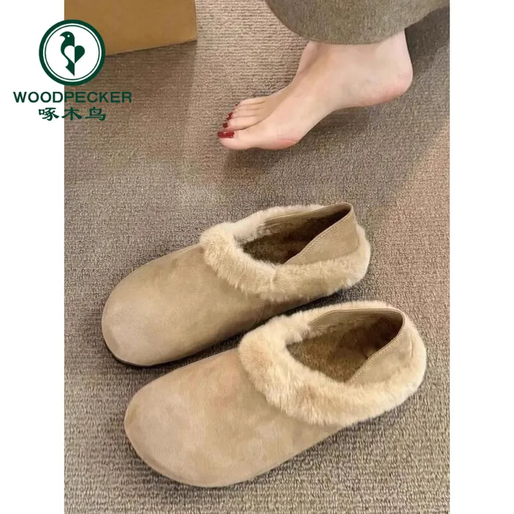 啄木鸟2025年新款加绒勃肯鞋女踩跟两穿一脚蹬百搭棉鞋保暖平底鞋