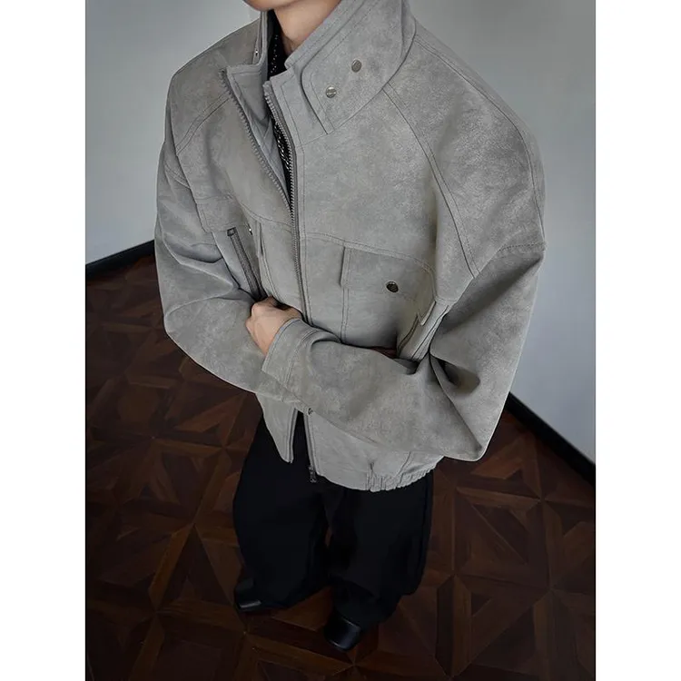 美式立领pu皮飞行员夹克男春秋cleanfit重磅棒球服潮流显肩宽外套