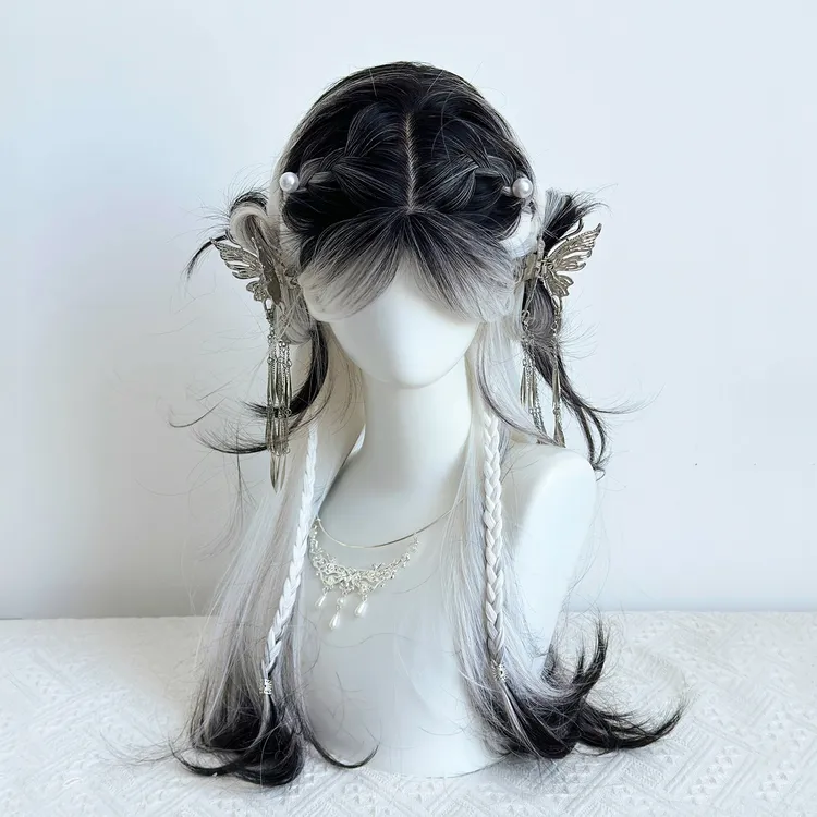 【小烟芜】假发女长发古风八字刘海黑白渐变长卷发仿真发全头套式