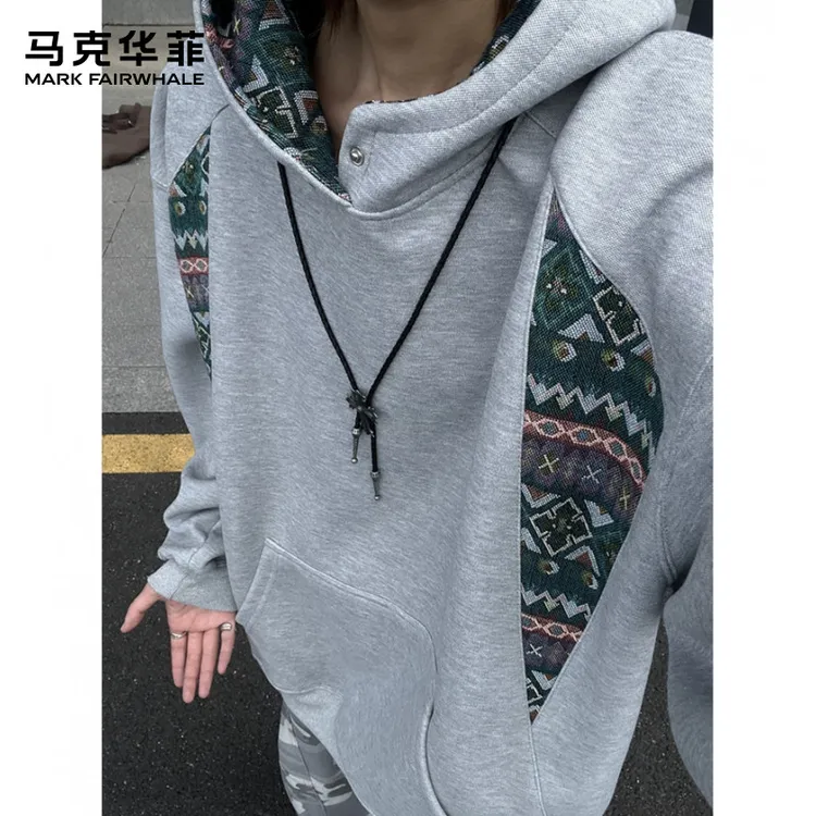 马克华菲套头款拼接连帽长袖男民族风卫衣宽松型拼色印花复古小众