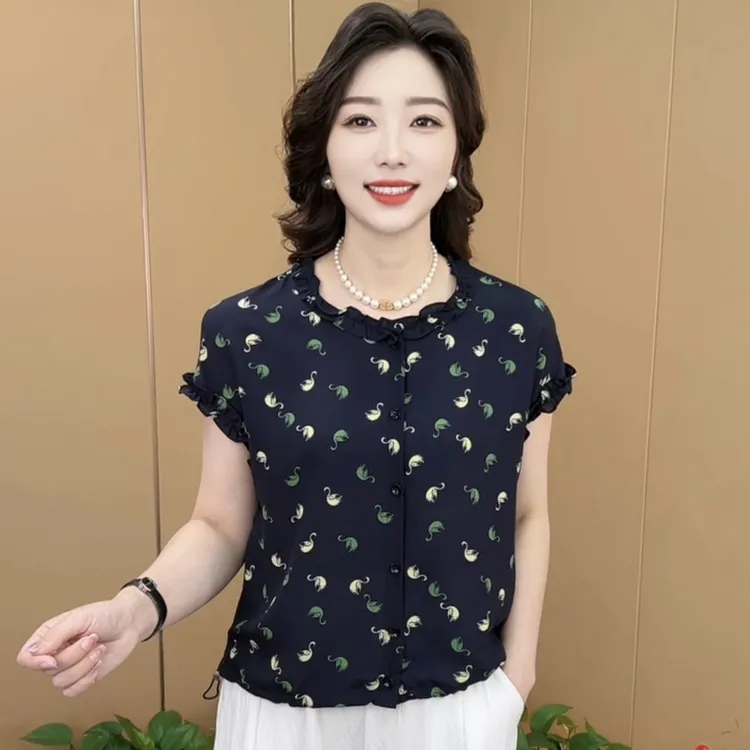 夏季新款时尚圆领花边设计洋气妈妈装气质百搭休闲短袖上衣K25163