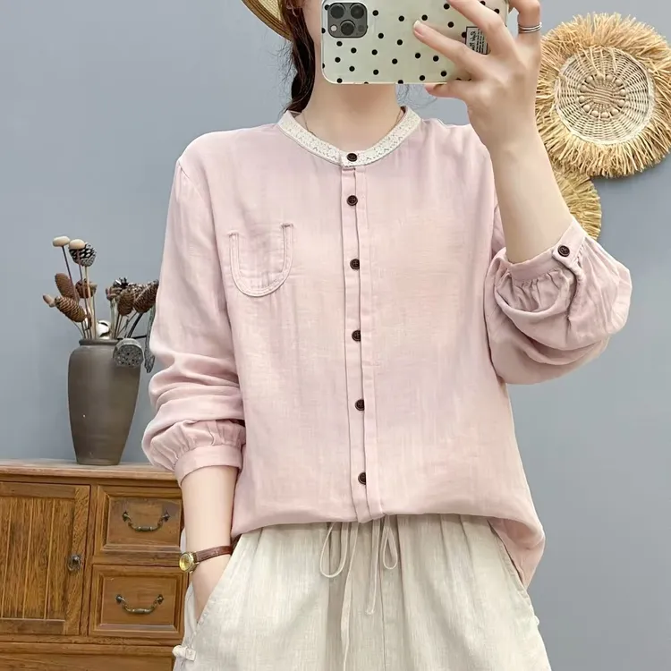 2025秋季新款圆领花边棉纱衬衫休闲百搭宽松长袖上衣86275