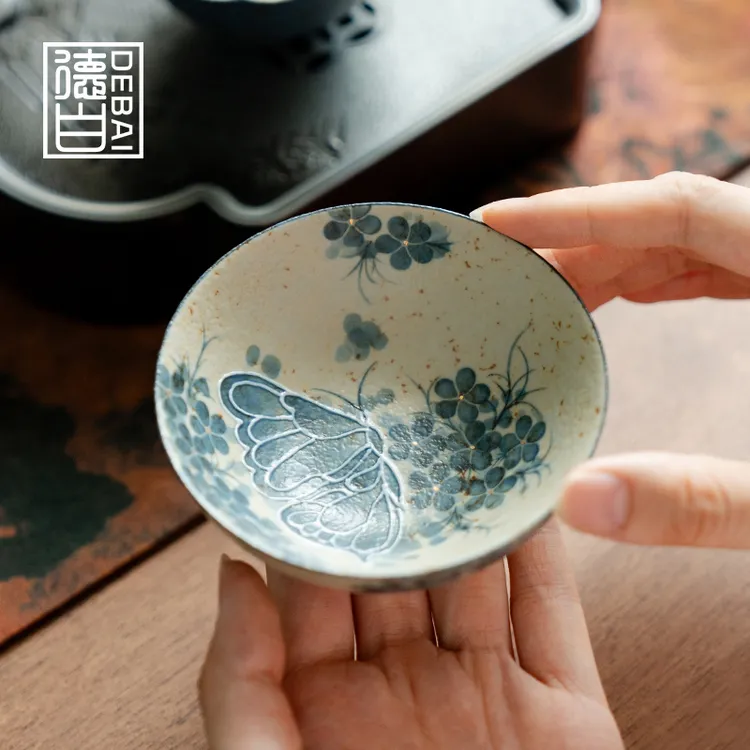 德白中式纯手绘蓝蝶普洱杯陶瓷茶杯青花火石红功夫茶具喝茶品茗杯