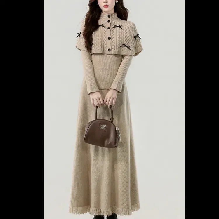 【海南简爱】秋冬新款高级感洋气披肩针织时尚百搭毛衣三件套896