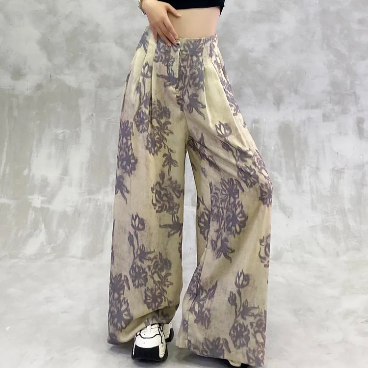 个性印花褶纹显瘦轻薄休闲裤女夏新款高腰宽松显瘦百搭直筒阔腿裤