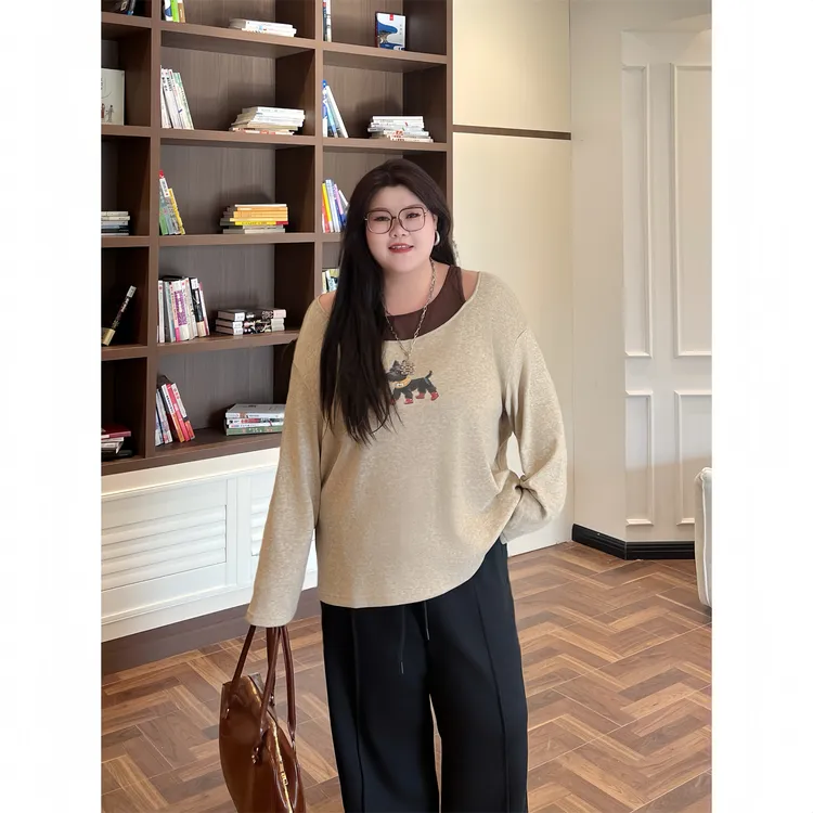 大码女装百搭花契200斤胖mm心机款假两件辣妹长袖打底衫18357-X