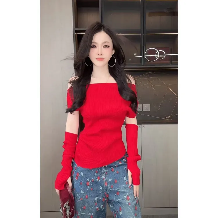 曼曼【微甜娇宠系】韩版斜肩针织衫带袖套毛衣修身显瘦针织上衣