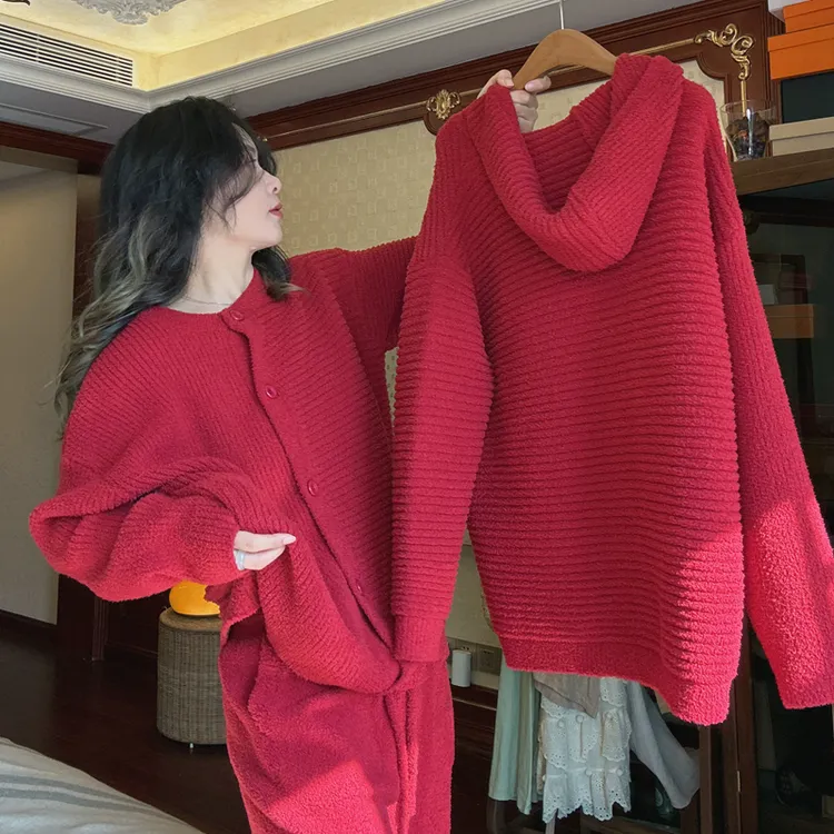 半边绒睡衣女秋冬季可外出大红色新年结婚针织毛衣家居服套装冬天