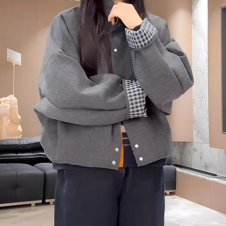 深灰色格纹拼接外套女2025春秋季新款高级感宽松休闲短款呢子夹克
