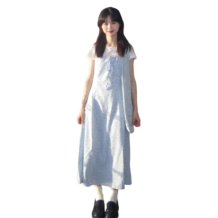 法式气质小香风蓝色碎花吊带连衣裙女夏新款小个子收腰无袖长裙子