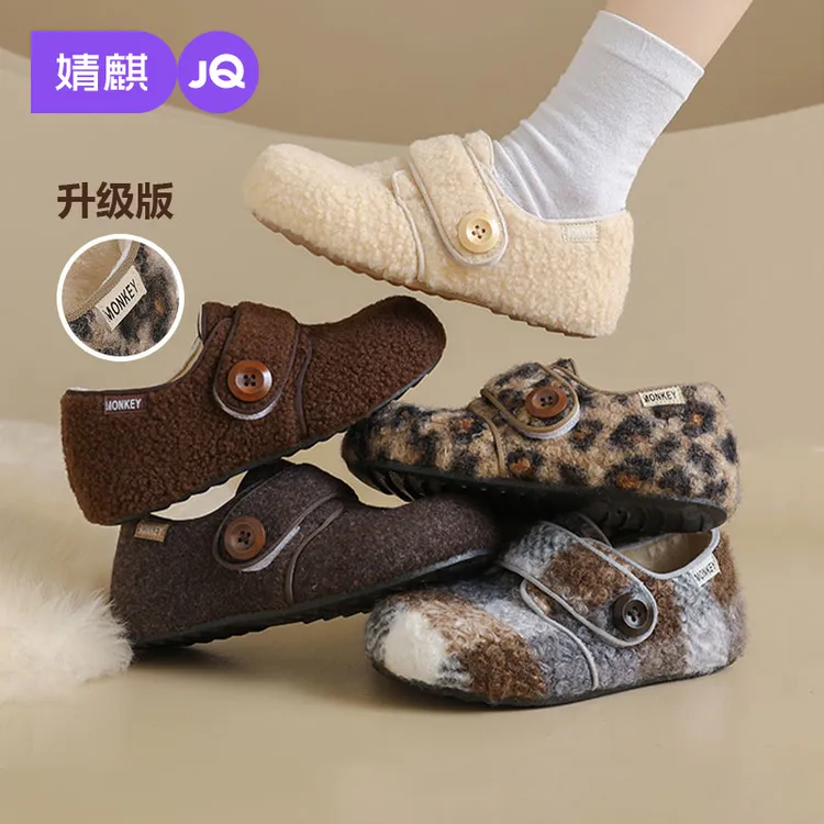 婧麒时尚加绒毛毛鞋2025款冬季保暖魔术贴棉鞋糕糕毛包跟勃肯鞋女