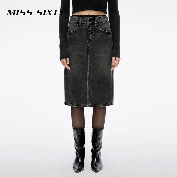 Miss Sixty2025秋季新款牛仔中裙女蕾丝拼接腰头开衩磨白直筒裙