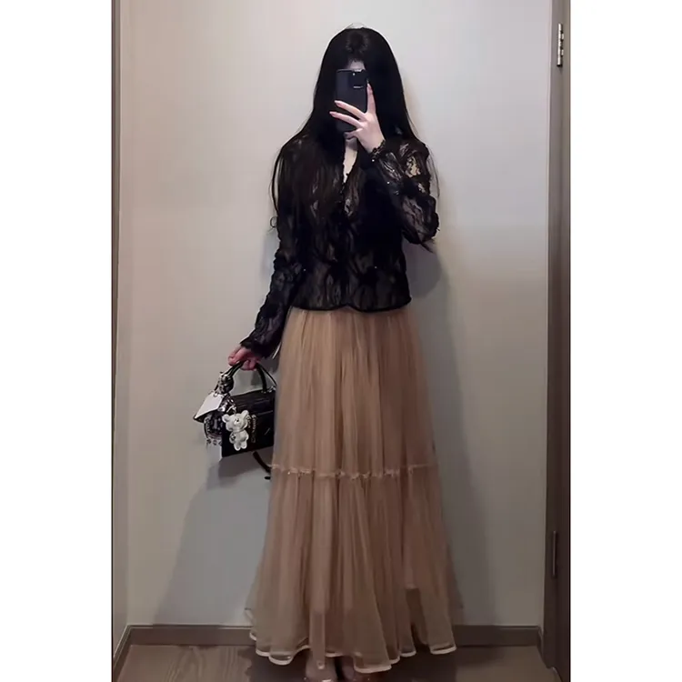 【B Y】2025新款法式拼接性感长袖蕾丝上衣时尚宽松贵气半身裙套装