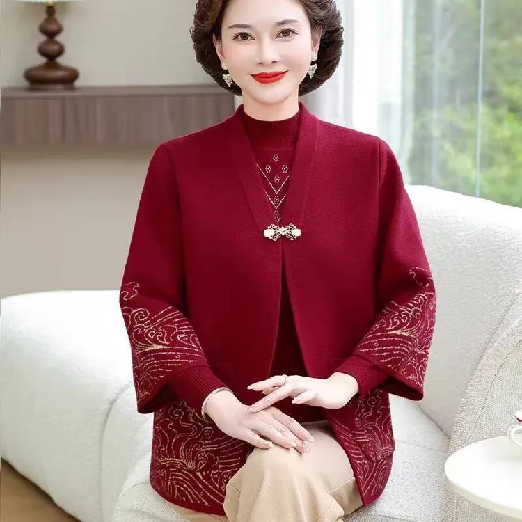 妈妈装两件套秋冬喜庆唐装加厚毛衣外套中老年人女打底衫上衣