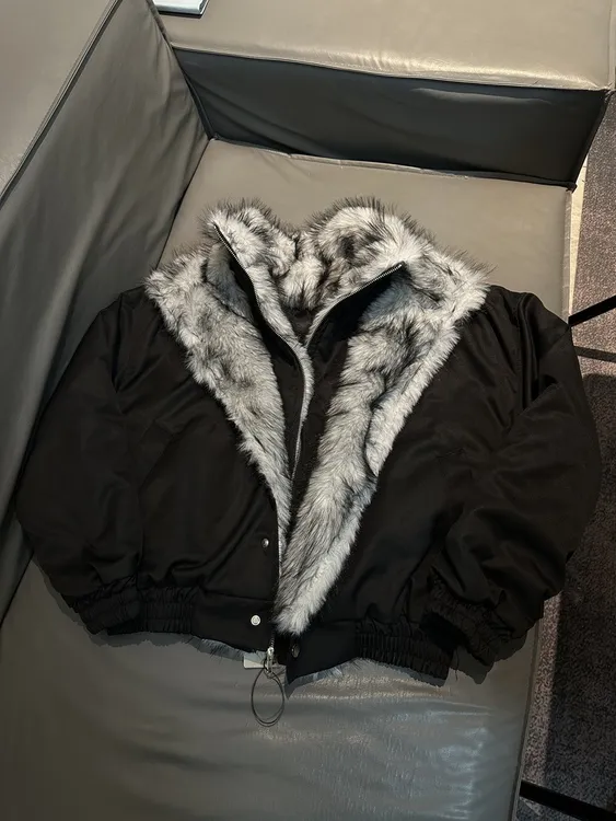 YEZENGZENG狼毛假两件棉服黑色上衣夹克多座山雕外套冬季加绒加厚