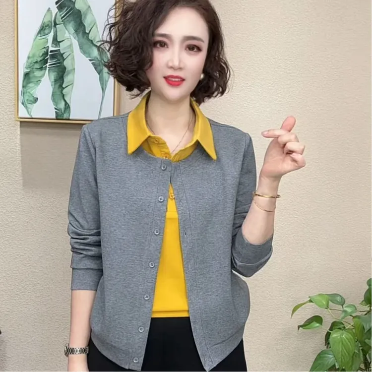 2025春秋气质宽松洋气百搭新款时尚衬衫领假两件显瘦长袖#188
