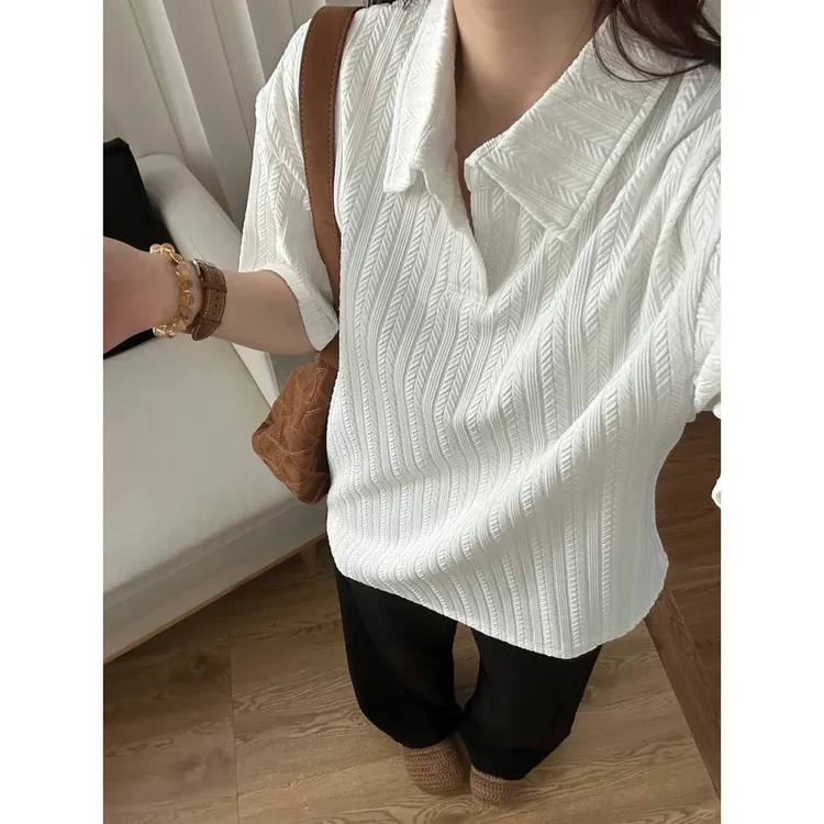 麦穗纹polo衫短袖男女夏季美式慵懒风高级感V领T恤痞帅潮牌五分袖