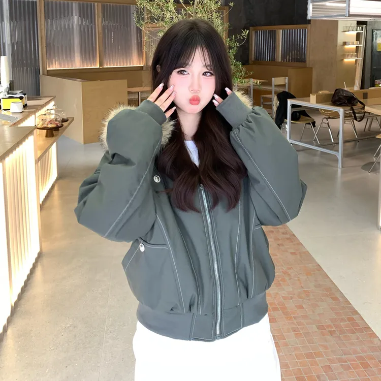 美式棉服外套夹棉帆布水洗男女加厚大毛领短款飞行员派克服