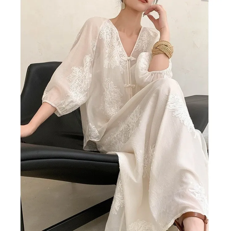 JW米白色新中式两件套装女春夏季国风上衣印花半身裙阔腿短裤