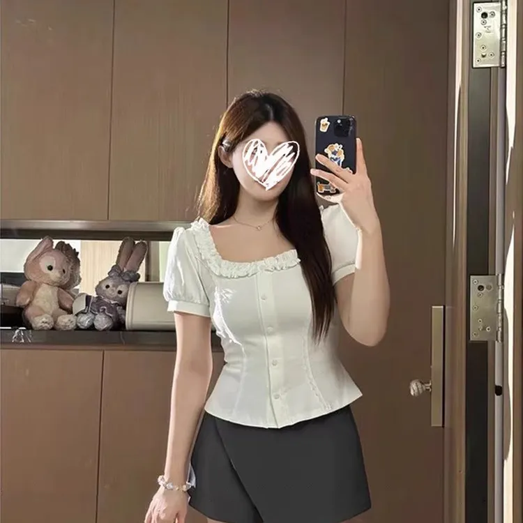 大码法式短袖衬衫女夏季新款休闲白色衬衣胖MM遮肉显瘦上衣-X8019