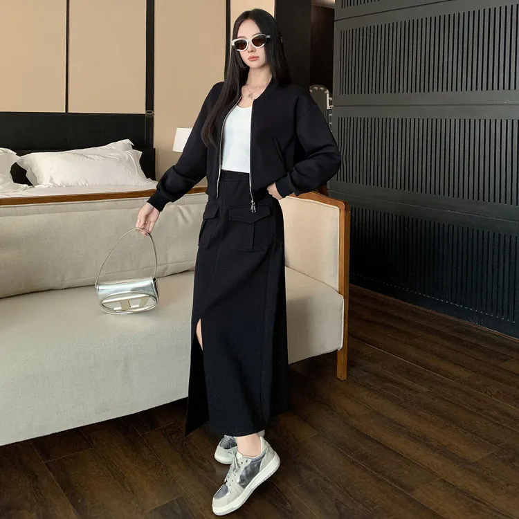 女秋季时尚多巴胺休闲运动套装潮流气质开衫外套开叉半身裙两件套