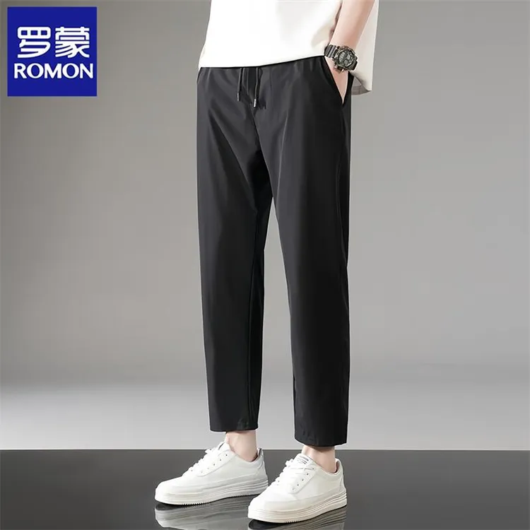 Romon/罗蒙夏季轻薄透气男士九分直筒小脚裤新款日常通勤休闲裤子