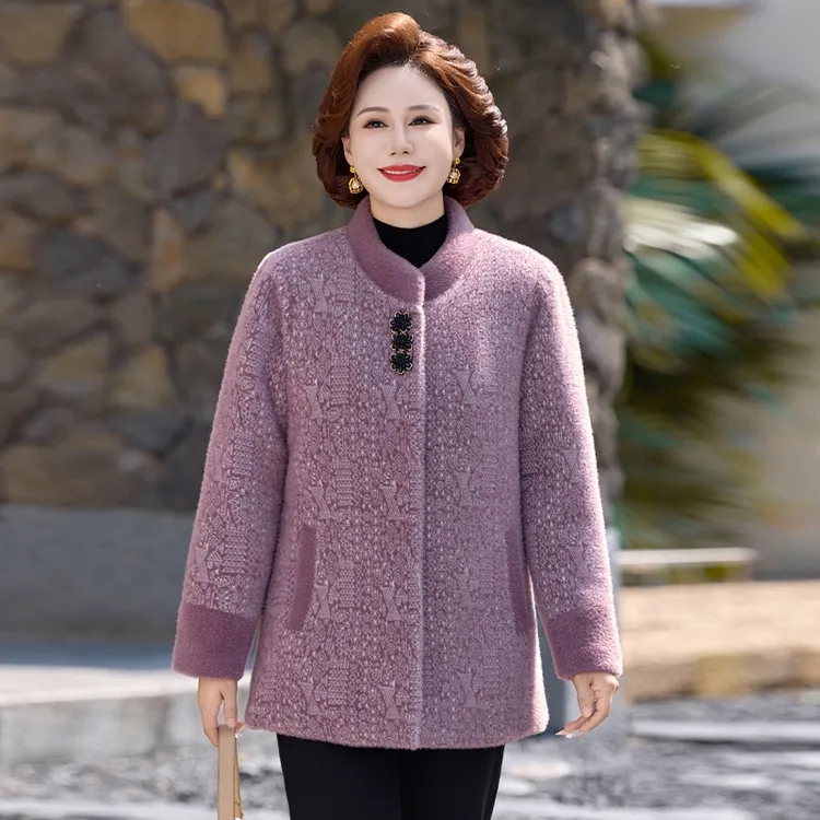 妈妈冬装水貂绒外套气质大码中老年人女装毛呢大衣加绒加厚奶奶装