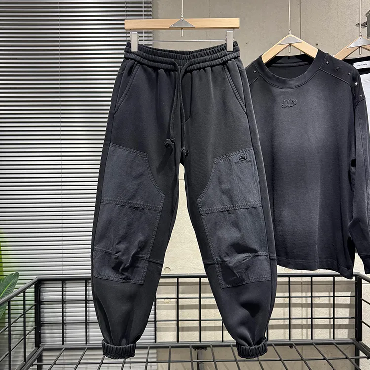 高品质秋冬新款休闲卫裤男宽松复古水洗束脚裤潮流拼接运动哈伦裤