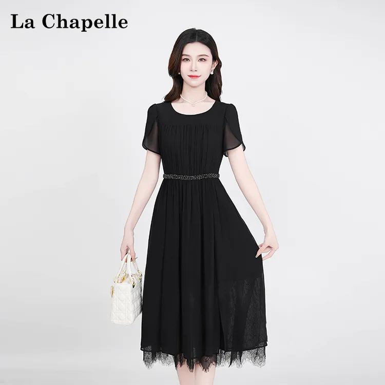 La Chapelle/拉夏贝尔夏季法式设计感纯色显瘦松紧腰短袖连衣裙