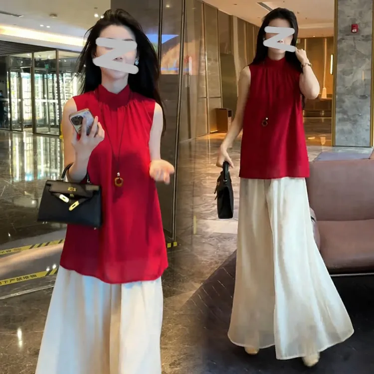 【有运费险】洋气无袖显瘦红色衬衫女2025夏季新款休闲千金风上衣