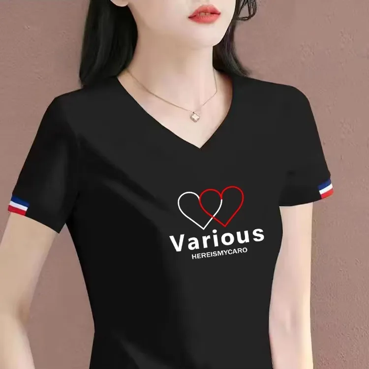 短袖t恤女2025新款夏季洋气白色v领女式薄款体恤宽松印花上衣