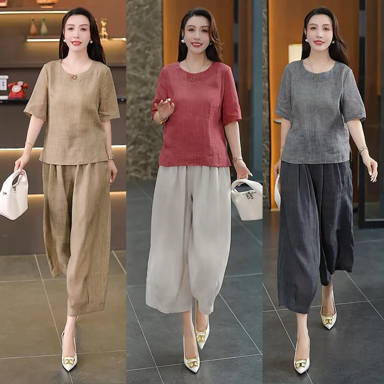 2025年夏季新款套装休闲两件套洋气显瘦纯色套装中老年女装