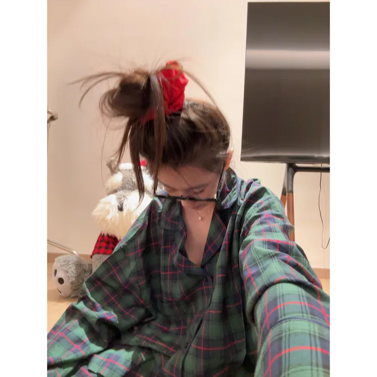 韩版格子衬衫长袖睡衣女春秋季新款大码宽松慵懒风休闲家居服套装